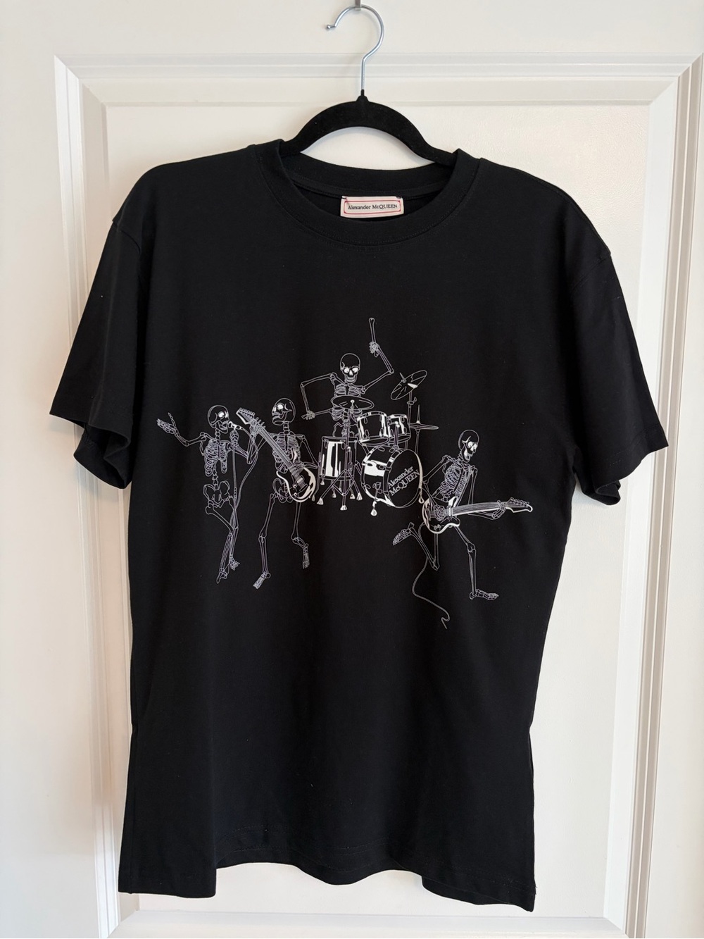 Alexander McQueen Black Tee with Silver Skeleton Band Graphic